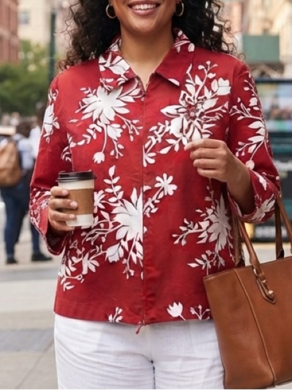 Susan Graver Style Red & White Floral Zip Jacket Size 1X Maximalist Church